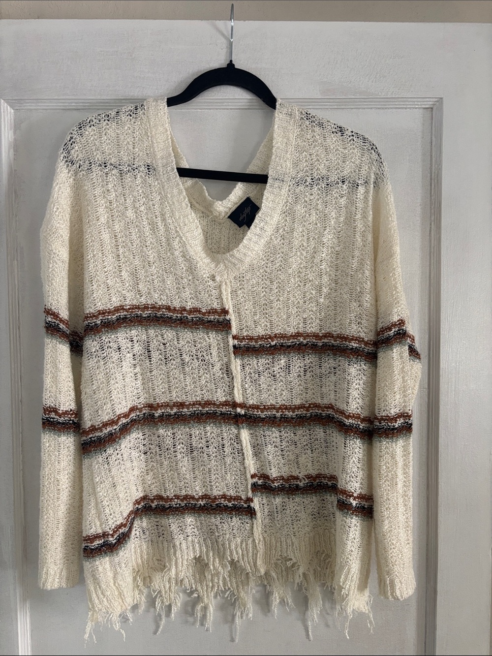 Women's Cream Open-Knit Fringe Sweater with Rust Stripe
